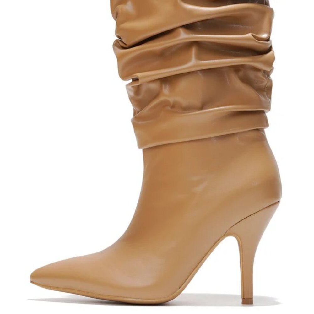Khaite Ruched Stiletto Mid Calf Boots - Taupe and Black